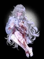 Rule 34 | 1boy, angelica (project moon), argalia (project moon), bandaged leg, bandages, blood, blood on clothes, blood on face, blue eyes, character doll, gauze, gauze on knee, haloyxxxxxxx, highres, library of ruina, long hair, looking at viewer, male focus, open mouth, project moon, sitting, smile, solo, very long hair, white hair