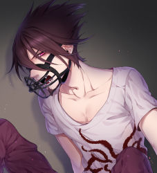 Rule 34 | 1boy, absurdres, beard, brown hair, checkered floor, collarbone, commentary request, danganronpa (series), danganronpa v3: killing harmony, earrings, facial hair, from side, highres, jewelry, knees up, looking at viewer, male focus, momota kaito, muzzle, nanin, open mouth, pants, pink pants, print shirt, purple eyes, purple hair, sharp teeth, shirt, short hair, short sleeves, sitting, smile, solo, spiked hair, teeth, white shirt