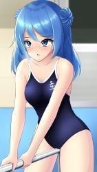 Rule 34 | 1girl, anchor symbol, blue eyes, blue hair, blue one-piece swimsuit, breasts, breath, character name, collarbone, competition school swimsuit, crotch rub, double bun, female masturbation, hair between eyes, hair bun, highres, kantai collection, looking at viewer, masturbation, medium breasts, new school swimsuit, nokonoko, one-piece swimsuit, open mouth, outdoors, school swimsuit, solo, swimsuit, thighs, tube, urakaze (kancolle)
