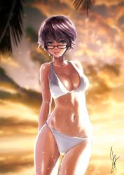 Rule 34 | 1girl, arms behind back, artist name, bikini, blurry, blurry background, breasts, brown eyes, brown hair, cleavage, cloud, cloudy sky, commentary request, cowboy shot, depth of field, glasses, highres, ikeda (hayato), light smile, lips, looking at viewer, medium breasts, navel, open mouth, orange sky, original, outdoors, palm tree, short hair, signature, skindentation, sky, solo, standing, string bikini, swimsuit, thighs, tree, water drop, wet