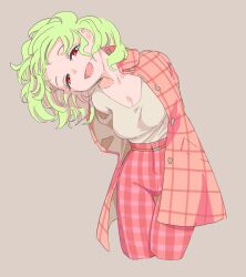 Rule 34 | 1girl, alternate costume, arms behind back, belt, breasts, cleavage, coat, green hair, head tilt, kazami yuuka, medium breasts, open mouth, pants, plaid, plaid coat, plaid pants, plunging neckline, red coat, red eyes, red pants, s-a-murai, shirt, short hair, smile, solo, touhou