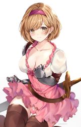 Rule 34 | 1girl, armor, bad id, bad pixiv id, belt, blonde hair, blush, boots, bow, breasts, brown eyes, brown footwear, cleavage, closed mouth, collarbone, commentary request, djeeta (granblue fantasy), dress, fighter (granblue fantasy), frills, gauntlets, granblue fantasy, hairband, highres, looking at viewer, medium breasts, panties, pink bow, pink dress, pink panties, puffy sleeves, short dress, short hair, signature, simple background, solo, soraneko hino, sweat, sweatdrop, sword, thigh boots, thighhighs, underwear, weapon