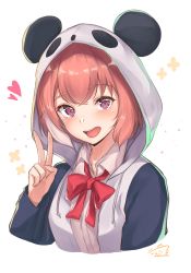 Rule 34 | 1girl, :d, animal ears, animal hood, black hoodie, bow, bowtie, brown hair, collared shirt, commentary, cropped arms, cropped torso, drawstring, hand up, heart, highres, hood, hood up, hoodie, konata (knt banri), long sleeves, looking at viewer, multicolored hair, nijisanji, open clothes, open hoodie, open mouth, panda ears, panda hood, pink eyes, red bow, red bowtie, sasaki saku, shirt, short hair, signature, simple background, smile, solo, streaked hair, upper body, v, virtual youtuber, white background, white hair, white hoodie, white shirt, wing collar