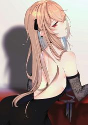 Rule 34 | 1girl, absurdres, backless dress, backless outfit, bare shoulders, black dress, black gloves, dress, earrings, elbow gloves, gloves, hair over one eye, highres, honkai (series), honkai impact 3rd, jewelry, long hair, looking at viewer, looking back, open mouth, rita rossweisse, solo, strapless, strapless dress, xiaobayuegao