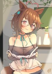 Rule 34 | 1girl, absurdres, agnes tachyon (umamusume), ahoge, alternate costume, animal ears, arms under breasts, bespectacled, blue bra, blurry, blurry background, blush, bra, breasts, brown hair, chemical structure, cleavage, commentary request, double strap slip, earrings, glasses, hair between eyes, heart, heart ahoge, highres, horse ears, horse girl, horse tail, indoors, jewelry, large breasts, long sleeves, looking at viewer, midriff, navel, off-shoulder shirt, off shoulder, parted lips, red eyes, round eyewear, shirt, short hair, signature, single earring, smile, solo, tail, umamusume, underwear, woruta (soloistlist)