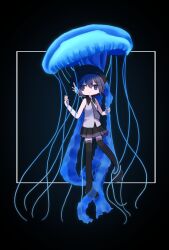 Rule 34 | 1girl, animal, bare arms, bare shoulders, beret, black background, black footwear, black hat, black skirt, black thighhighs, boots, border, closed mouth, collared shirt, commentary, full body, grey necktie, hair between eyes, hand up, hat, headset, highres, jellyfish, jitome, kanikan, looking at viewer, miniskirt, necktie, outside border, oversized animal, pleated skirt, purple eyes, purple hair, shirt, short hair, simple background, skirt, sleeveless, sleeveless shirt, solo, standing, symbol-only commentary, thigh boots, thighhighs, utane uta, utau, white border, white shirt, zettai ryouiki