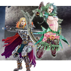 Rule 34 | 1boy, 1girl, :o, armor, arms up, belt, blue eyes, boots, breastplate, breasts, breasts apart, cape, castle, chakram, cross-laced clothes, eiserne drossel (weapon), feathers, fighting stance, full body, gauntlets, gloves, greaves, green hair, green lips, groin, hip vent, holding, holding weapon, huge weapon, jasmine t, jewelry, jumping, lipstick, long hair, looking at viewer, looking to the side, makeup, midriff, namco, navel, nipples, no bra, orange eyes, revealing clothes, ring, ring blade, short hair, siegfried schtauffen, soul calibur, soulcalibur, soulcalibur iii, sword, tattoo, tira (soulcalibur), torn clothes, underboob, weapon