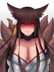 Rule 34 | 1girl, akagi (azur lane), akagi (deep crimson poppy) (azur lane), animal ears, azur lane, bare shoulders, blush, breasts, brown hair, choker, cleavage, collarbone, commentary request, fox ears, fox girl, fox tail, glowing, glowing eyes, hair ornament, highres, japanese clothes, kimino, kimono, kitsune, large breasts, long hair, looking at viewer, multiple tails, off shoulder, official alternate costume, red eyes, smile, snow dusk, solo, tail, white kimono, yandere