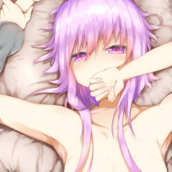 Rule 34 | 1boy, 1girl, armpits, arms up, bed sheet, blush, boy on top, breasts, collarbone, covering own mouth, from above, head tilt, holding another&#039;s wrist, long hair, long sleeves, low twintails, nude, out-of-frame censoring, pink hair, purple hair, short hair with long locks, small breasts, solo focus, sorahachi (sora823), sweatdrop, twintails, upper body, vocaloid, voiceroid, yuzuki yukari