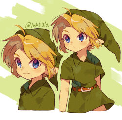 Rule 34 | 1boy, artist name, closed mouth, commentary request, green tunic, hat, link, looking at viewer, male focus, nintendo, pointy ears, short hair, short sleeves, simple background, smile, the legend of zelda, the legend of zelda: ocarina of time, tokuura, tunic, young link