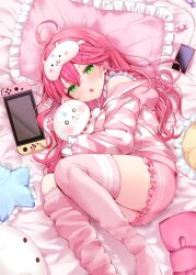 Rule 34 | 1girl, 35p (sakura miko), absurdres, candy, cellphone, commentary request, food, green eyes, hair between eyes, hair ornament, hairclip, highres, hololive, ineka ka, long sleeves, lying, mask, nintendo switch, o o, open mouth, phone, pillow, pink hair, pink hood, pink shorts, pink thighhighs, sakura miko, shirt, shorts, smartphone, solo, striped clothes, striped shirt, stuffed animal, stuffed cat, stuffed toy, thighhighs, virtual youtuber