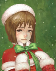 Rule 34 | 1girl, bob cut, brown hair, capelet, closed mouth, commentary request, fur hat, fur trim, green background, green ribbon, hagiwara yukiho, hat, idolmaster, idolmaster (classic), lips, long sleeves, mittens, nababa, neck ribbon, pink lips, red capelet, ribbon, santa costume, short hair, smile, snowing, solo, upper body