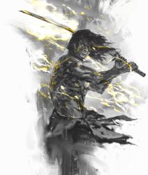 Rule 34 | ashina genichirou, commentary, english commentary, highres, holding, holding sword, holding weapon, long hair, looking at viewer, monochrome, open mouth, sekiro: shadows die twice, shimhaq, solo, sword, topless male, two-handed, weapon, yellow theme
