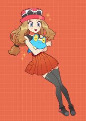 Rule 34 | 1girl, :d, blonde hair, blush, chirosamu, commentary request, creatures (company), eyelashes, eyewear on headwear, froakie, full body, game freak, gen 6 pokemon, grid background, hat, highres, knees, long hair, low-tied long hair, nintendo, open mouth, orange background, pink headwear, pleated skirt, pokemon, pokemon (creature), pokemon xy, serena (pokemon), shirt, shoes, skirt, sleeveless, sleeveless shirt, smile, sparkle, sunglasses, teeth, thighhighs, tongue, upper teeth only