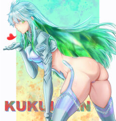 Rule 34 | 1girl, absurdres, aqua hair, ass, ass focus, blowing kiss, colored eyelashes, colored inner hair, crystal hair, fate/grand order, fate (series), green eyes, green hair, highres, kukulkan (fate), kukulkan (second ascension) (fate), long hair, looking at viewer, multicolored hair, one eye closed, sideless outfit, solo, upper body, user zvpf8735