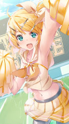 Rule 34 | 1girl, blonde hair, blue eyes, cheerleader, daidou (demitasse), detached collar, hand up, highres, kagamine rin, looking at viewer, midriff, navel, open mouth, solo, swept bangs, vocaloid