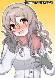 Rule 34 | 1girl, blush, brown eyes, gloves, gradient background, grey gloves, grey hair, highres, index finger raised, jacket, kantai collection, kurano kisuke, nose blush, official alternate costume, one-hour drawing challenge, pink scarf, pola (kancolle), scarf, smile, solo, thick eyebrows, twitter username, wavy hair, white jacket, yellow background