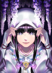 Rule 34 | 1girl, ace attorney, achrocide, black hair, flower, hood, long hair, magatama, magatama necklace, maya fey, nail polish, necklace, phoenix wright: ace attorney - spirit of justice, purple eyes, purple nails, solo, upper body, white hood, wisteria