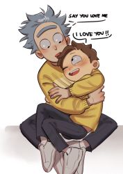 Rule 34 | 2boys, artist request, child, english text, grandfather and grandson, highres, hug, male focus, matching outfits, morty smith, multiple boys, rick and morty, rick sanchez, shirt, speech bubble, talking, white footwear, yellow shirt