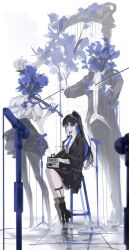Rule 34 | 1girl, 2others, absurdres, alternate costume, ankle boots, anko (renzao19823), ascot, asymmetrical footwear, black footwear, black hair, black jacket, black pants, black pantyhose, black skirt, blue flower, blue hair, blue necktie, blurry, boots, bow (music), branch, brooch, cable, character name, chinese commentary, collared shirt, colored inner hair, commentary, dated, double-parted bangs, flower, from side, full body, garter straps, glasses, headless, headphones, high-waist skirt, highres, holding, holding bow (music), instrument, iris (flower), jacket, jewelry, lapels, long hair, looking at viewer, medium skirt, microphone, microphone stand, multicolored hair, multiple others, music, necktie, notched lapels, pants, pantyhose, phonograph, plant, playing instrument, ponytail, punishing: gray raven, purple eyes, round eyewear, selena (punishing: gray raven), shirt, signature, sitting, skirt, solo focus, standing, surreal, tailcoat, turntable, violin, white shirt