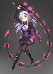 Rule 34 | 1girl, arm up, armor, armored boots, ascot, black background, black bow, black skirt, blush, boots, bow, braid, breasts, brown eyes, covered navel, dance of eternity, full body, gloves, hair bow, head tilt, highres, holding, holding weapon, light purple hair, long hair, long sleeves, medium breasts, original, parted bangs, parted lips, pleated skirt, side braid, single braid, single glove, skirt, solo, typo, very long hair, weapon, whip
