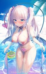 1girl bikini blue_eyes blush bow breasts cleavage cloud collarbone copyright_notice demon_tail eyewear_on_head grey_hair hair_bow hair_ornament hairpin heart heart-shaped_pupils holding holding_swimsuit holding_unworn_clothes long_hair low_wings navel nipples noukatu original pink_bow pink_pupils pubic_tattoo sky solo sunglasses swim_ring swimsuit symbol-shaped_pupils tail tattoo thigh_gap twintails unworn_bikini water wet wings