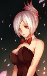 Rule 34 | 1girl, absurdres, animal costume, animal ears, bare shoulders, black background, bow, bowtie, breasts, costume, fake animal ears, female focus, gradient background, highres, league of legends, leotard, looking ahead, looking down, petals, plant, playboy bunny, rabbit ears, riven (league of legends), short hair, solo, upper body, white hair, yellow eyes