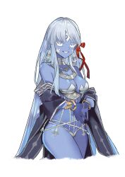 Rule 34 | 1girl, absurdres, armor, bare shoulders, belly chain, bikini armor, blue eyes, blue skin, bracelet, breasts, cleavage, colored skin, earrings, fate/grand order, fate (series), grin, hair ribbon, highres, jewelry, kali (fate), large breasts, long hair, looking at viewer, navel, neck ring, necklace, revealing clothes, ribbon, sash, smile, solo, tenten47086101, thighs, third eye, thumb ring, very long hair, white hair