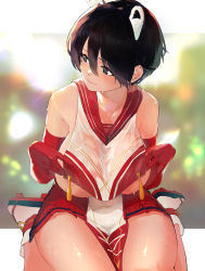 Rule 34 | 1girl, absurdres, animal ears, areola slip, bare shoulders, black hair, blue archive, blush, breasts, collarbone, elbow gloves, gloves, grey eyes, hair between eyes, highres, large breasts, looking to the side, okoru ringo, red gloves, rope, sailor collar, shirt, short hair, sideboob, sitting, smile, solo, tabard, tassel, thighs, tsubaki (blue archive), underboob, white shirt
