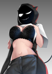 Rule 34 | 1girl, arknights, black bra, black pants, blouse, bra, breasts, cleavage, clothes lift, cowboy shot, d.d.d. (arknights), from below, gradient background, grey background, hands on own chest, highres, hood, hood up, horned hood, horns, lace, lace-trimmed bra, lace trim, large breasts, lifting own clothes, mask, navel, pants, rev60, shirt, shirt lift, short sleeves, solo, stomach, underwear, white shirt