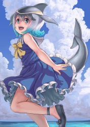 Rule 34 | 1girl, black footwear, blue dress, blue eyes, blue hair, blue sky, blush, bow, cetacean tail, cloud, common bottlenose dolphin (kemono friends), day, dress, eyebrows, fins, fish tail, grey hair, highres, kemono friends, kosai takayuki, looking at viewer, multicolored hair, open mouth, outdoors, sailor collar, sailor dress, short hair, sky, sleeveless, smile, solo, tail, teeth, two-tone hair, upper teeth only, wavy hair, white hair, yellow bow