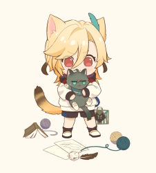 Rule 34 | 1boy, 1other, alhaitham (genshin impact), animal ears, animalization, black fur, black shorts, blonde hair, book, cat, cat boy, cat ears, cat tail, chibi, crumpled paper, dior&#039;s bread, feather hair ornament, feathers, genshin impact, hair between eyes, hair ornament, kaveh (genshin impact), long sleeves, male focus, mehrak (genshin impact), multicolored tail, needle, paper, quill, red eyes, shirt, short hair, shorts, tail, white shirt, yarn, yarn ball, yellow tail
