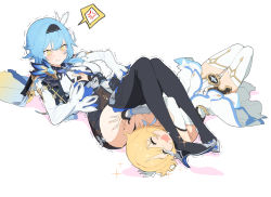 Rule 34 | 2girls, absurdres, anger vein, angry, armbar, armlock, bare shoulders, black hairband, black headband, black thighhighs, blonde hair, blue cape, blue hair, blue necktie, blush, bodystocking, boots, grabbing another&#039;s breast, cape, closed eyes, closed mouth, clothing cutout, dorontabi, dress, drooling, eula (genshin impact), female pervert, flower, genshin impact, grabbing, groping, hair flower, hair ornament, hairband, headband, high-waist shorts, high heels, highres, joint lock, lumine (genshin impact), lying, medium hair, mouth drool, multiple girls, necktie, on back, open mouth, pervert, pout, short hair with long locks, shorts, shoulder cutout, spoken anger vein, thigh boots, thighhighs, thighs, white dress, white flower, white thighhighs, wrestling, yellow eyes, yuri