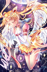 Rule 34 | 1girl, absurdres, bishoujo senshi sailor moon, bishoujo senshi sailor moon sailor stars, blonde hair, blue sailor collar, blush, boots, choker, closed eyes, commentary request, crescent, crescent earrings, dated, double bun, earrings, elbow gloves, eternal sailor moon, facial mark, feathers, floating, floating hair, forehead mark, glint, gloves, hair bun, hair ornament, hairpin, hands on own chest, heart, heart choker, highres, jewelry, layered skirt, long hair, magical girl, moon, own hands clasped, own hands together, parted bangs, parted lips, red neckwear, sailor collar, sailor moon, sailor senshi uniform, signature, skirt, solo, space, star (symbol), star earrings, touki matsuri, tsukino usagi, twintails, white footwear, white gloves, white wings, wings