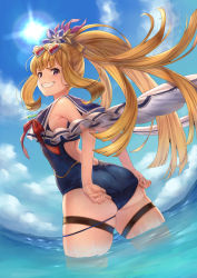 Rule 34 | 1girl, absurdres, ass, bare shoulders, blonde hair, blue one-piece swimsuit, blush, breasts, cagliostro (granblue fantasy), cagliostro (summer) (granblue fantasy), competition swimsuit, eyewear on head, flower, granblue fantasy, grin, hair flower, hair ornament, heart, heart-shaped eyewear, highres, kent0320, long hair, looking at viewer, looking back, ocean, one-piece swimsuit, ponytail, purple eyes, sailor collar, sidelocks, small breasts, smile, solo, sunglasses, sunlight, swimsuit, thigh strap, thighs, wading, water