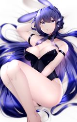 Rule 34 | 1girl, absurdres, animal ears, areola slip, arm strap, ass, azur lane, black leotard, blurry, breasts, cleavage, depth of field, detached collar, fake animal ears, feet out of frame, hand in own hair, highres, large breasts, leotard, long hair, looking at viewer, new jersey (azur lane), new jersey (exhilarating steps!) (azur lane), official alternate costume, oversized breast cup, playboy bunny, purple eyes, purple hair, rabbit ears, samip, thighs, very long hair