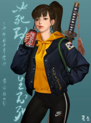 Rule 34 | 1girl, aqua background, artist name, black eyes, black hair, blue jacket, blunt bangs, can, casual, coca-cola, commentary, contemporary, drink, drinking, drinking straw, english commentary, genderswap, genderswap (mtf), green rope, hand in pocket, high ponytail, hilt, holding, holding can, holding drink, hood, hood down, hoodie, jacket, kogseu, korean text, lips, lipstick, looking at viewer, makeup, nike (company), open clothes, open jacket, over shoulder, pants, partially translated, patch, ponytail, real life, rope, sheath, sidelocks, signature, solo, south korean flag, standing, sword, sword over shoulder, track pants, translation request, weapon, weapon over shoulder, yellow hoodie, yi sun-sin