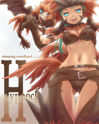 Rule 34 | arm behind back, armlet, armor, belt, belt skirt, bikini armor, bird, blue eyes, breasts, capcom, cleavage, feathers, gloves, green hair, headdress, hypnocatrice, hypnocatrice (armor), long hair, looking down, midriff, monster hunter (series), monster hunter frontier, multiple belts, navel, open mouth, text focus, tsukigami chronica, wings