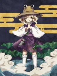Rule 34 | 1girl, animal print, blonde hair, brown hat, closed mouth, commentary request, feet out of frame, frog print, grey eyes, hair ribbon, hat, large hat, leaf, long sleeves, looking at viewer, medium hair, moriya suwako, own hands together, print skirt, print vest, purple skirt, purple vest, red ribbon, retrochaossan, ribbon, shirt, skirt, solo, standing, thighs, touhou, turtleneck, vest, white legwear, white shirt, wide sleeves