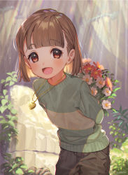 Rule 34 | 1other, :d, androgynous, arms behind back, artist name, blunt bangs, bob cut, bouquet, brown eyes, brown hair, chara (undertale), cowboy shot, flower, heart pendant, holding, holding bouquet, leaning forward, open mouth, plant, shirakino, short hair, smile, solo, sunlight, sweater, undertale