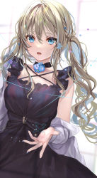 Rule 34 | 1girl, black dress, blue eyes, blue flower, brown hair, collarbone, commentary request, dress, flower, hair between eyes, highres, jacket, long hair, long sleeves, looking at viewer, off shoulder, open clothes, open jacket, open mouth, original, puracotte, sleeveless, sleeveless dress, solo, twintails, very long hair, white jacket