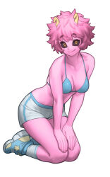 Rule 34 | 1girl, absurdres, ashido mina, bare shoulders, black sclera, boku no hero academia, collarbone, colored sclera, colored skin, highres, horns, kneeling, lentiyay, looking at viewer, pink hair, pink skin, shoes, shorts, simple background, smile, sneakers, solo