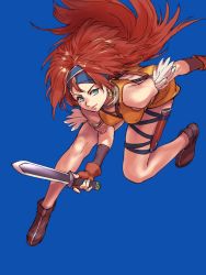 Rule 34 | 1girl, ankle boots, bare shoulders, blue background, blue eyes, boots, breasts, bright pupils, brown footwear, brown gloves, closed mouth, crop top, dagger, final fantasy, final fantasy xi, fingerless gloves, gloves, holding, holding dagger, holding knife, holding weapon, hume, knife, lion (ff11), long hair, medium breasts, red hair, sheath, simple background, solo, weapon, white pupils, yuccoshi