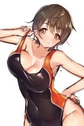 Rule 34 | 10s, 1girl, blush, breasts, brown eyes, brown hair, cleavage, clothes pull, collarbone, competition swimsuit, covered navel, eikisama113, hand on own hip, idolmaster, idolmaster cinderella girls, large breasts, looking at viewer, oikawa shizuku, one-piece swimsuit, one-piece swimsuit pull, short hair, simple background, sketch, smile, solo, strap lift, swimsuit, white background