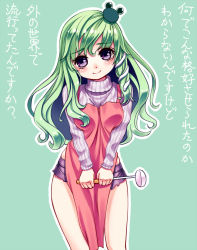 Rule 34 | 1girl, bad id, bad pixiv id, blush, frog hair ornament, gorota, green hair, hair ornament, kochiya sanae, ladle, long hair, looking at viewer, purple eyes, ribbed sweater, shorts, simple background, smile, snake hair ornament, solo, sweater, touhou, translation request