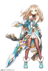 Rule 34 | 1girl, blonde hair, blue coat, blue footwear, brown pantyhose, canopus (hoshi no girls odyssey), circlet, closed mouth, coat, copyright name, full body, gloves, green eyes, hattori masaki, holding, holding sword, holding weapon, hoshi no girls odyssey, long hair, looking at viewer, official art, pantyhose, shoes, simple background, skirt, smile, solo, standing, sword, weapon, white background, white skirt
