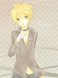 Rule 34 | 1boy, artist request, bandages, blonde hair, chainlink, character name, collar, green eyes, jacket, kagamine len, looking at viewer, male focus, solo, vocaloid
