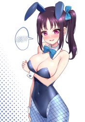 Rule 34 | 10s, 1girl, animal ears, arm under breasts, blue bow, blue bowtie, blue pantyhose, blush, bow, bowtie, breasts, cleavage, covered navel, cowboy shot, deadnooodles, detached collar, fake animal ears, fishnets, hair bow, halftone, highres, kazuno sarah, large breasts, leotard, long hair, looking at viewer, love live!, love live! sunshine!!, no bra, pantyhose, parted bangs, parted lips, pink eyes, playboy bunny, purple hair, rabbit ears, side ponytail, simple background, smile, solo, spoken blush, standing, sweat, sweatdrop, teeth, upper teeth only, white background