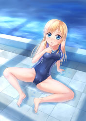 Rule 34 | 1girl, arm support, blonde hair, blue eyes, cameltoe, competition swimsuit, covered navel, feet, highres, long hair, one-piece swimsuit, original, pool, poolside, reclining, shadow, solo, spread legs, swimsuit, takuya kame