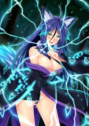 Rule 34 | &gt;:d, 1girl, :d, absurdres, ahoge, animal ears, archived source, bad link, between legs, blue electricity, blush, bottomless, breasts, butter-t, electricity, energy, fangs, female masturbation, forest, glowing, glowing clothes, green eyes, hand between legs, highres, index finger raised, large breasts, long hair, looking at viewer, masturbation, monster girl, monster girl encyclopedia, monster girl encyclopedia ii, nature, off shoulder, open mouth, purple hair, raiju (monster girl encyclopedia), smile, solo, sparks, tail, v-shaped eyebrows, wide sleeves